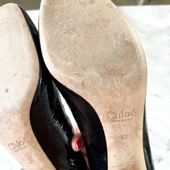 Chloe Womens Black Patent Leather Scalloped Low Block Pumps - Picture 8 of 9